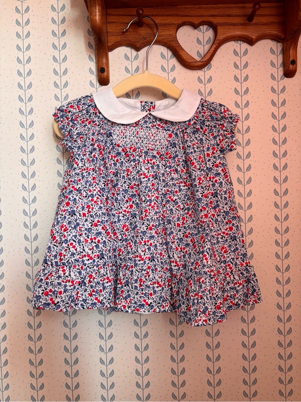 Janie and Jack Blue, Red & White Floral Peter Pan Collar Dressy Top
